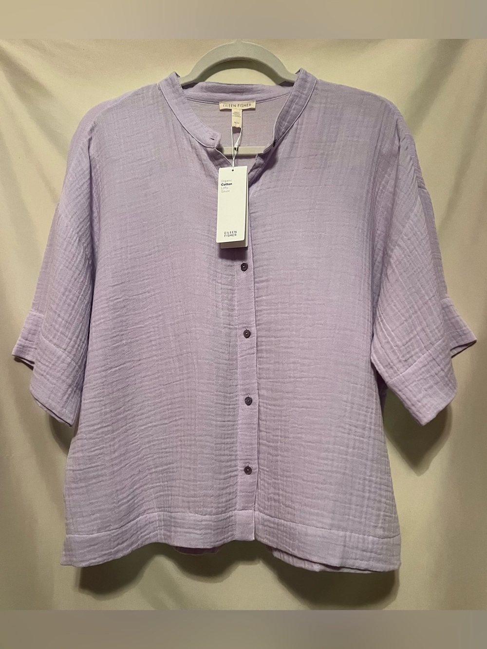 NWT EILEEN FISHER Mandarin Collar Button-Front Gauze Blouse Size M